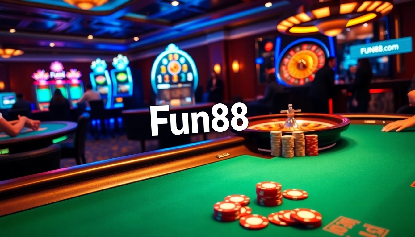 Engage with online gaming excitement through the Fun88 link, featuring a luxurious casino atmosphere.
