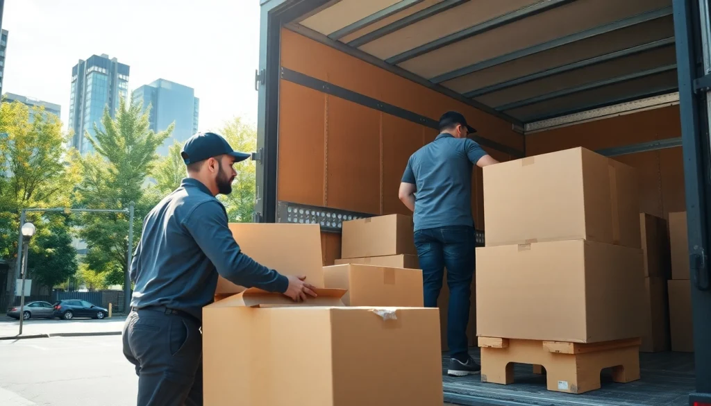 Efficient movers from a moving company Vancouver loading furniture into a truck in an urban setting.