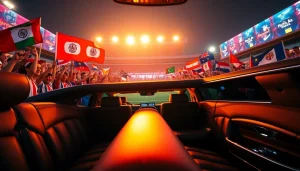 World Cup Group Transportation in a luxury limousine with fans celebrating at the stadium.