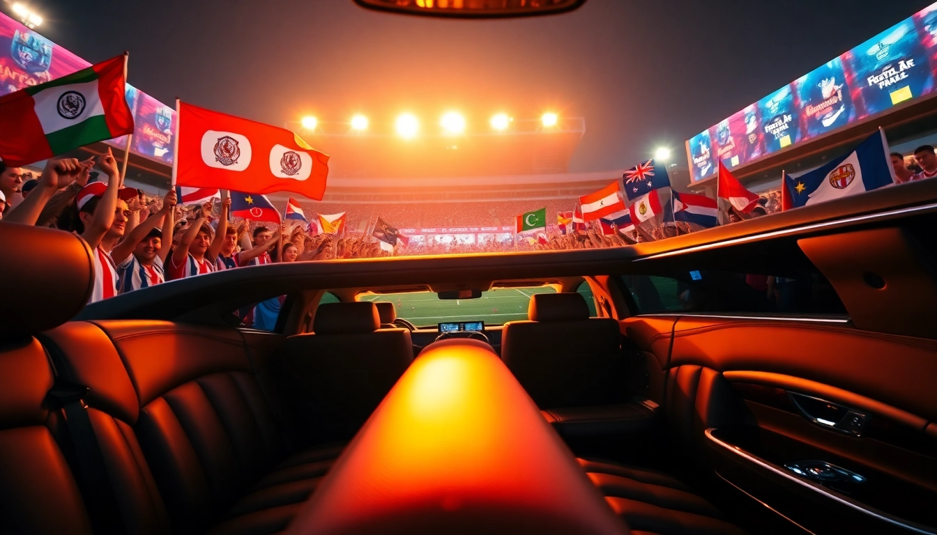 World Cup Group Transportation in a luxury limousine with fans celebrating at the stadium.