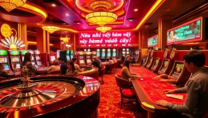 Nếu như vậy bám vào đây at a luxury casino with players engaging at poker tables and a spinning roulette wheel.