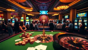 Experience the excitement of 상품권카드 at a vibrant casino gaming table filled with poker chips and illuminated slot machines.