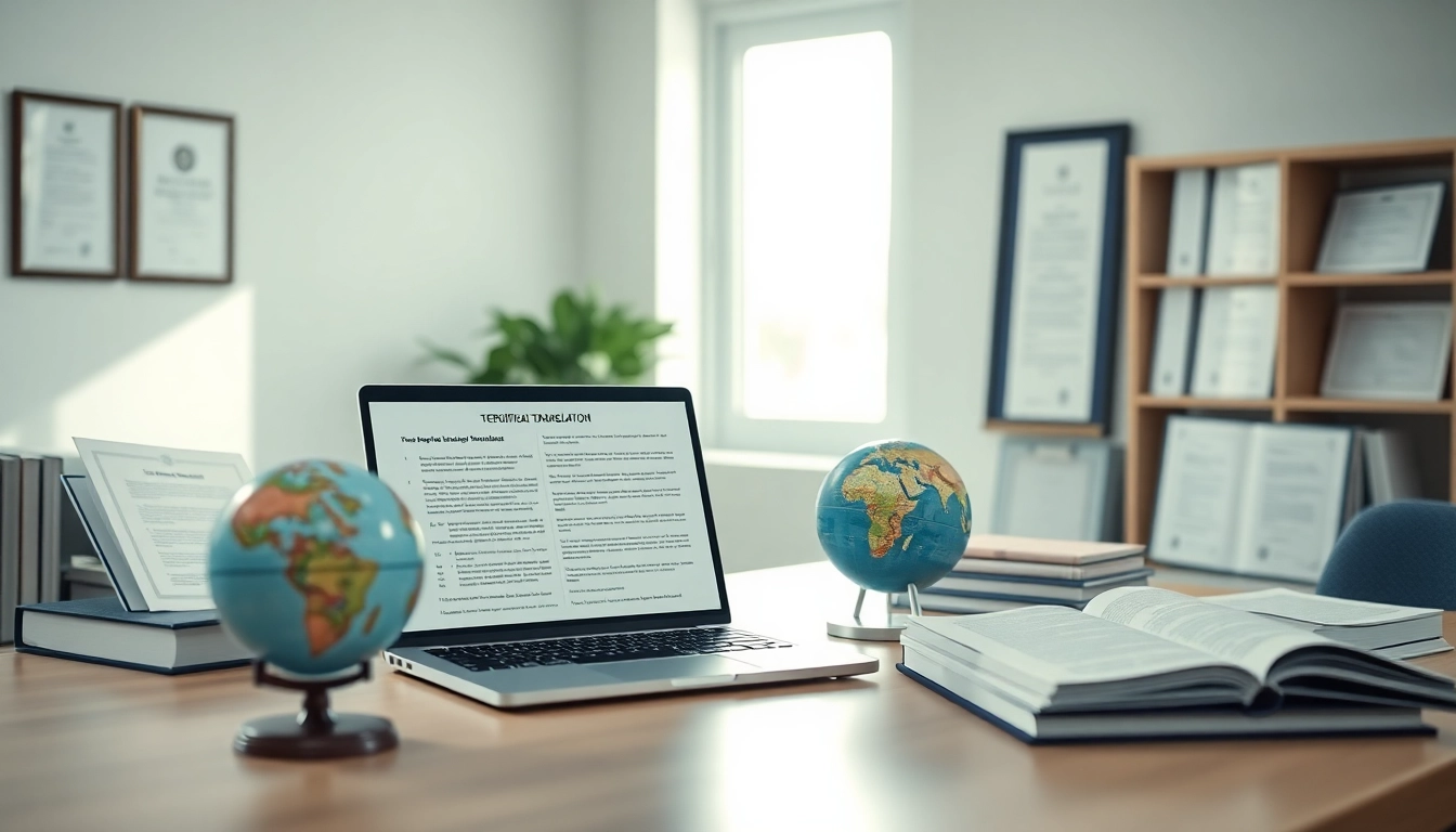 Professional translation desk showcasing tłumaczenie przysięgłe services with documents and books.