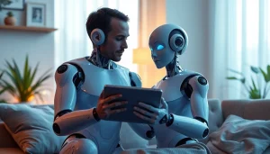 AI sex interaction showcasing a humanoid robot and a person in a modern, intimate setting.