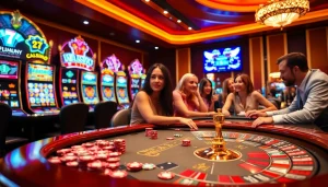 Players in an exciting casino at https://rr88.wales/ enjoying games with colorful chips and a roulette wheel.