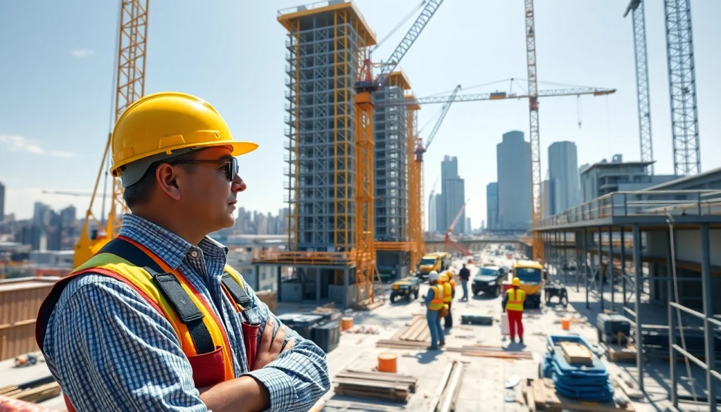 New York Commercial General Contractor managing active construction site with workers and machinery.