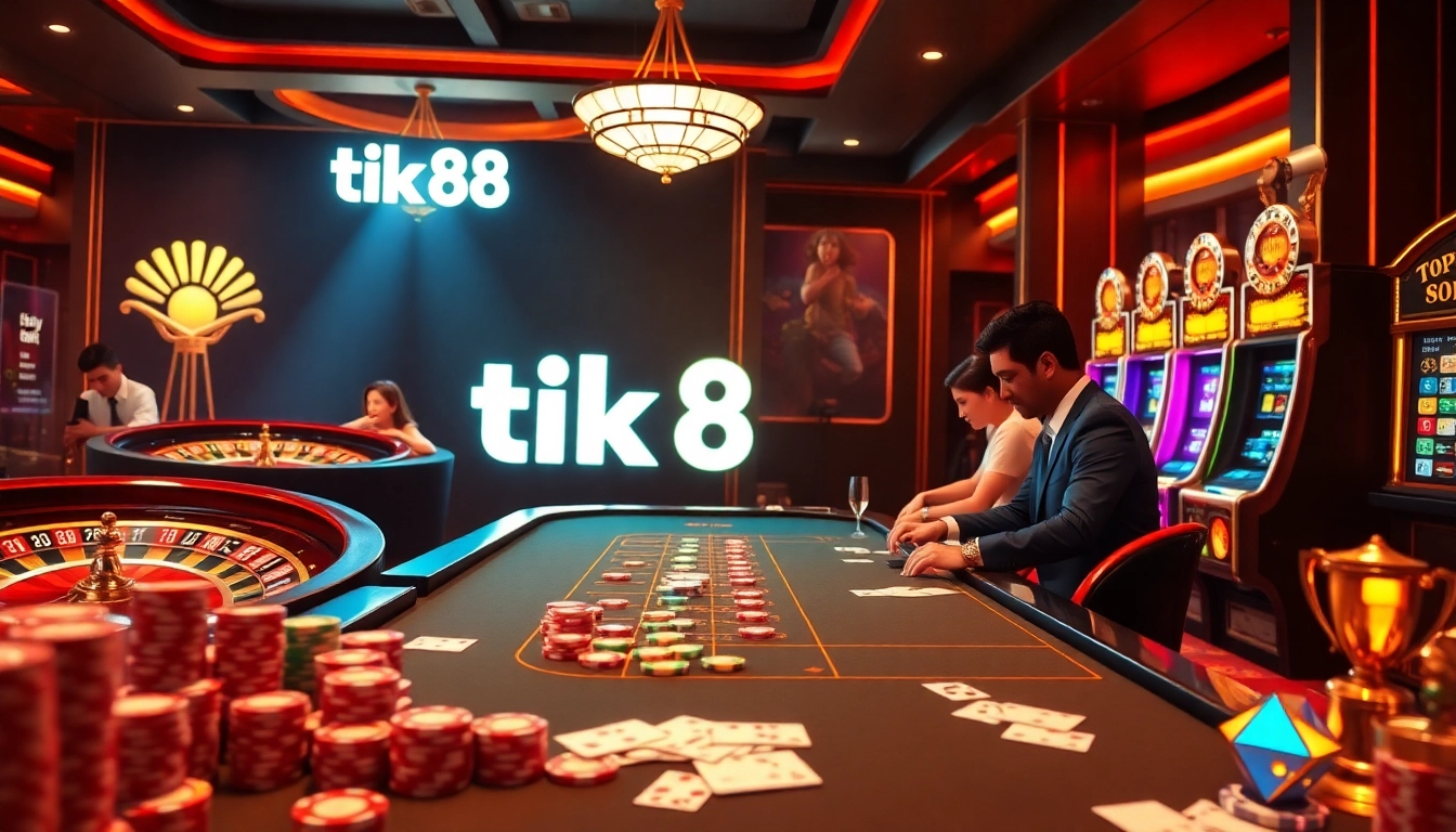 Người chơi đang tận hưởng một trò chơi đầy hứng khởi tại bàn casino Tik88, nổi bật với những chiếc chip sống động và những lá bài.