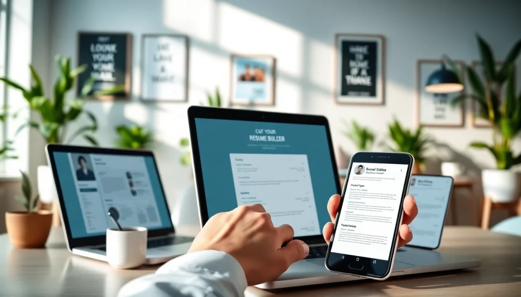 Craft an outstanding Resume Builder in a modern workspace with various devices showcased.