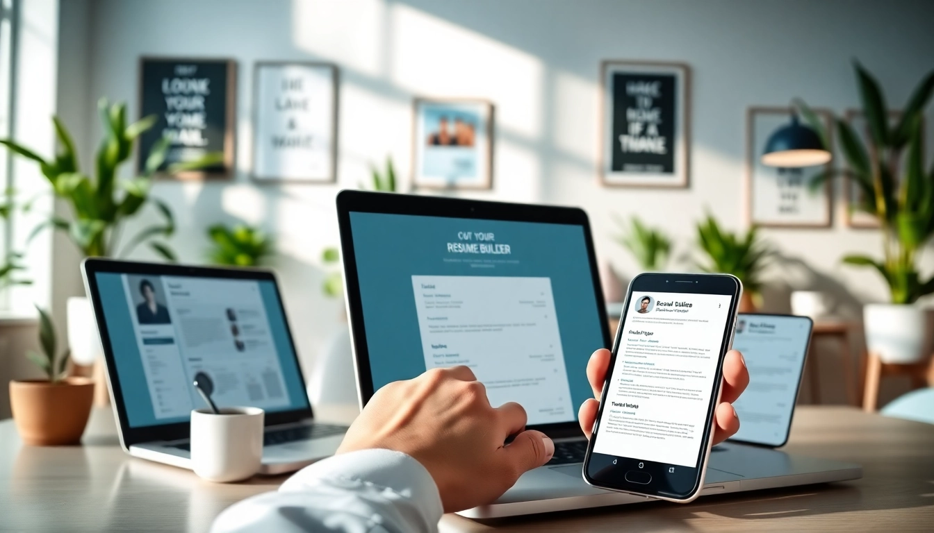 Craft an outstanding Resume Builder in a modern workspace with various devices showcased.