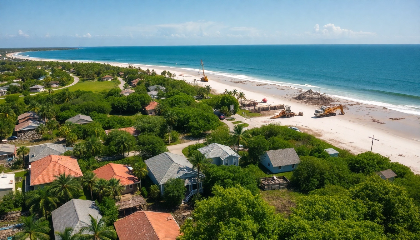 Highlighting Florida Hurricane Damage through the juxtaposition of destruction and rebuilding efforts.