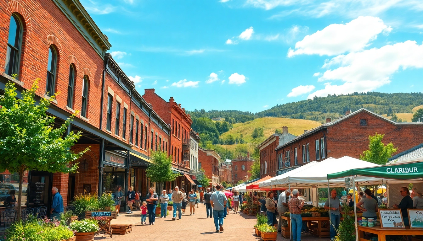 Vibrant farmers market scene in Clarksburg with historic buildings and local vendors.