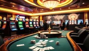 RR88 casino experience with vibrant slot machines, poker chips, and a roulette wheel.