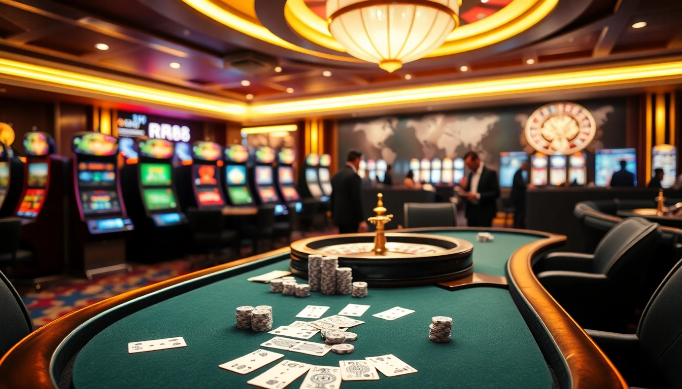 RR88 casino experience with vibrant slot machines, poker chips, and a roulette wheel.