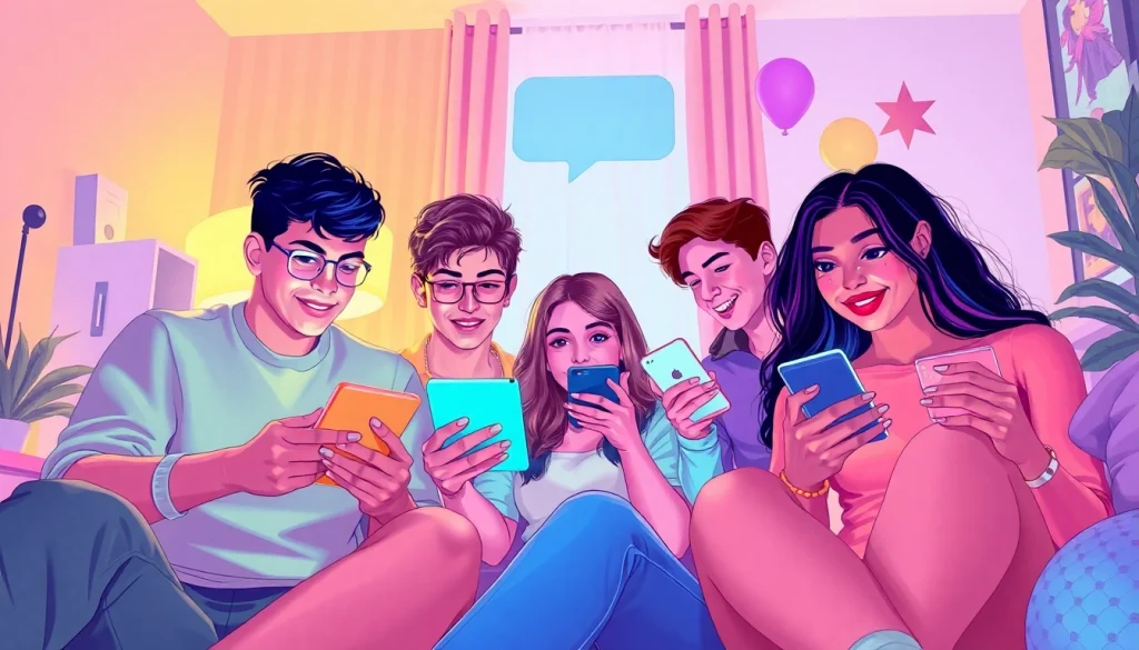Engaging AI sexting interactions among diverse young adults in a cozy digital space.