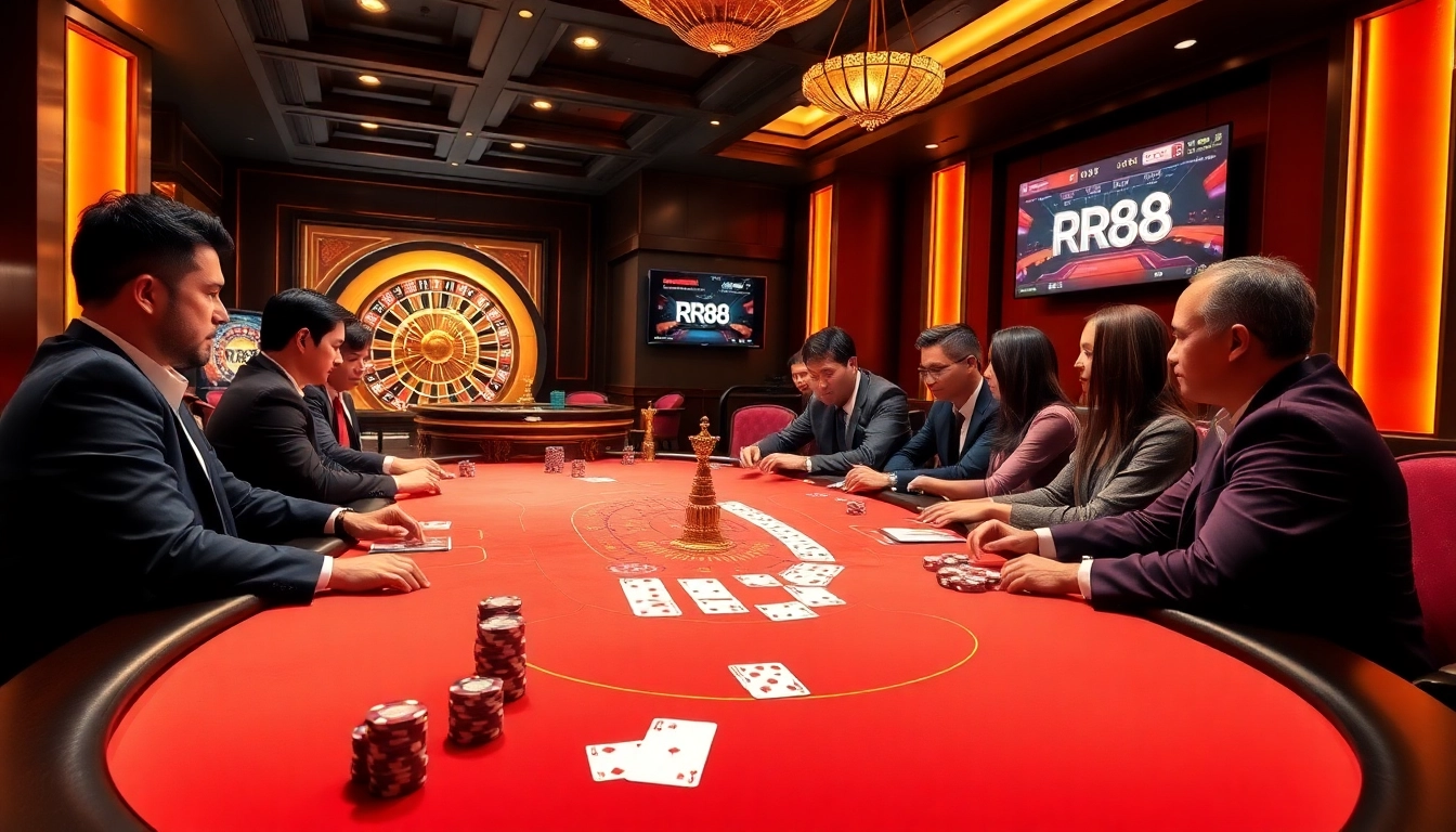 Play high-stakes poker at RR88 with luxurious chips and cards on a vibrant table.