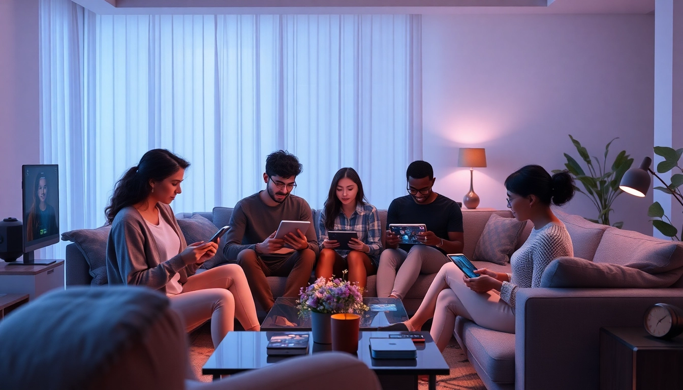 Interactive scene of diverse individuals engaging with AI technology for ai sex, showcasing emotional connection and modern intimacy.