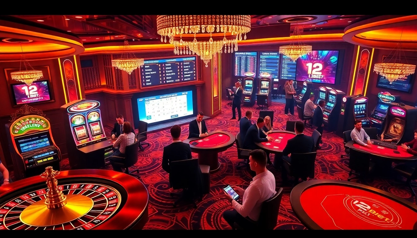 Experience the thrill of 12bet with vibrant casino games and players engaging in exciting bets.