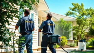 Soft wash technicians cleaning a home exterior in Kissimmee, FL, utilizing eco-friendly techniques.