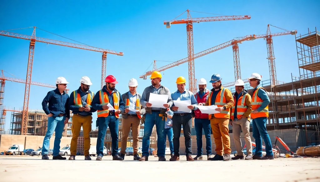 Construction workers collaborating in Southern California contractors association project at a building site.