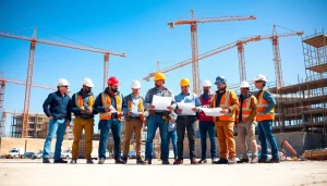 Construction workers collaborating in Southern California contractors association project at a building site.