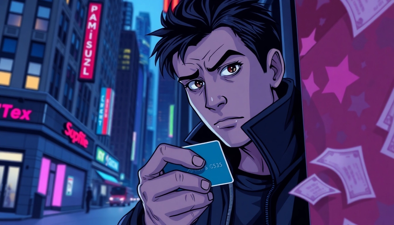 카드깡 불법 행위에 연루된 캐릭터의 긴장된 표정을 포착한 일러스트.