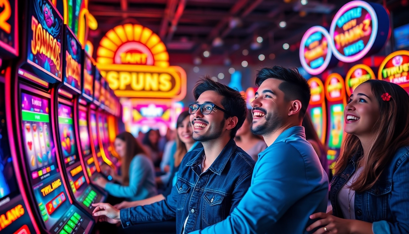 Exciting slot hoki gaming scene with vibrant players and colorful slot machines.