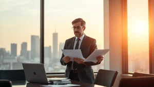 Engaging real estate lawyer reviewing documents in a bright office, showcasing professionalism.