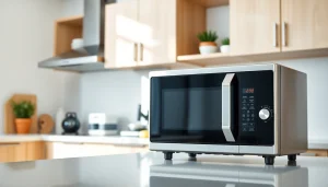 Showcase a stylish microwave oven in a contemporary kitchen with modern features.