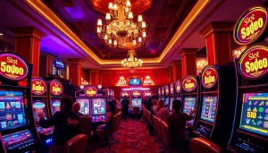 Pemain menikmati permainan slot depo 5rb dalam suasana kasino yang meriah penuh kegembiraan.