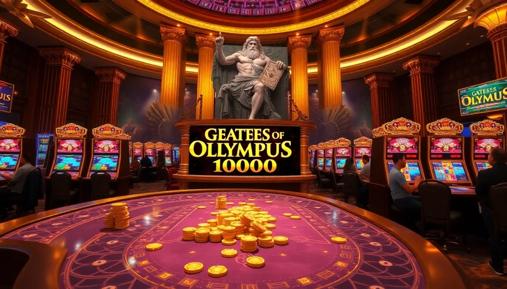 Players enjoying Gates of Olympus 1000 slot machine excitement in a luxurious casino setting.