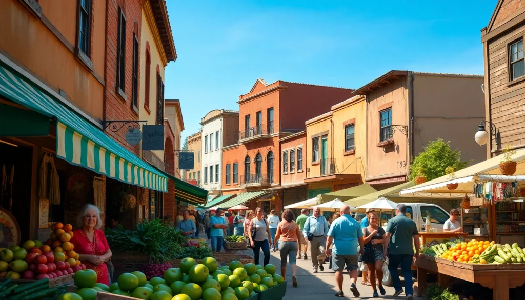 Clarksburg market scene with vibrant vendors and families enjoying the lively atmosphere.