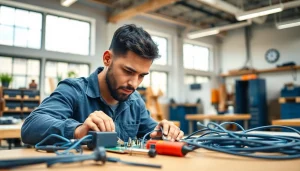 Electrician apprenticeship Hawaii: an apprentice focusing on wiring in a modern workshop.