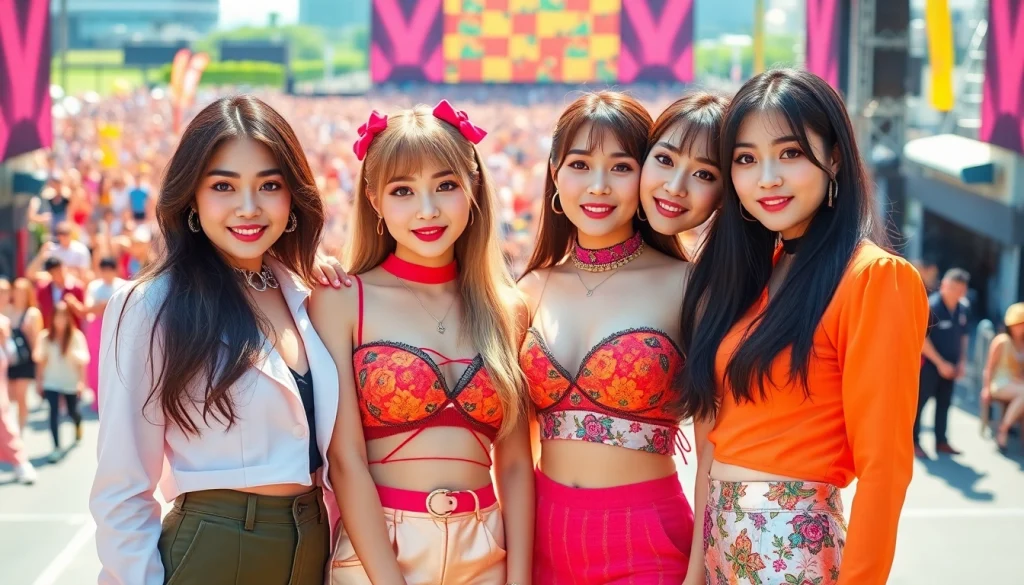 blackpink members performing energetically in vibrant outfits at a concert setting.