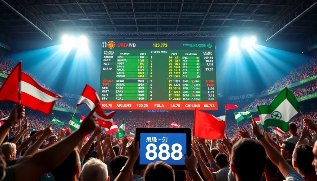 Experience live soccer updates with ผลบอล888 on a vibrant scoreboard in a stadium atmosphere.