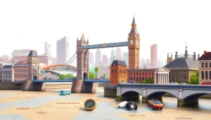 Visual representation showing is london in europe with landmarks and a compass, illustrating its location.