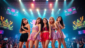 BLACKPINK news showcasing the group in a dynamic concert scene, celebrating their latest achievements.