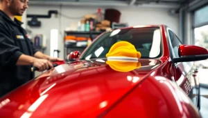 Expert car detailing near me showcasing a technician polishing a shiny vehicle.