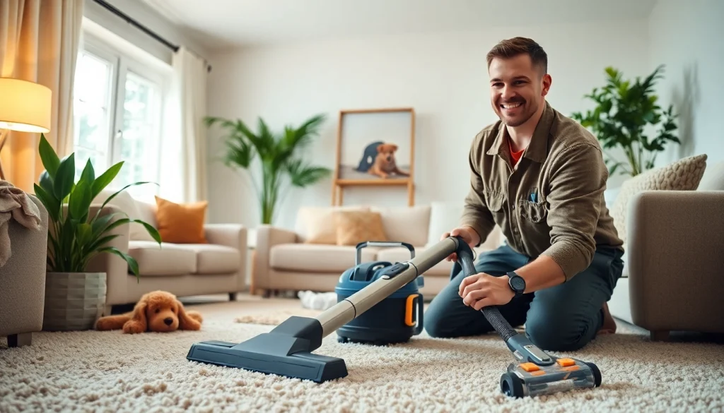Performing pet odor carpet cleaning in a bright, cozy living room filled with sunlight.