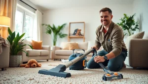 Performing pet odor carpet cleaning in a bright, cozy living room filled with sunlight.