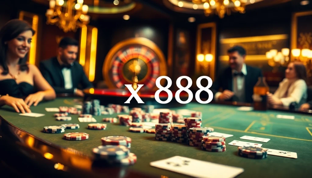Engaged players at an xx88 casino table enjoying poker and roulette in a luxurious setting.