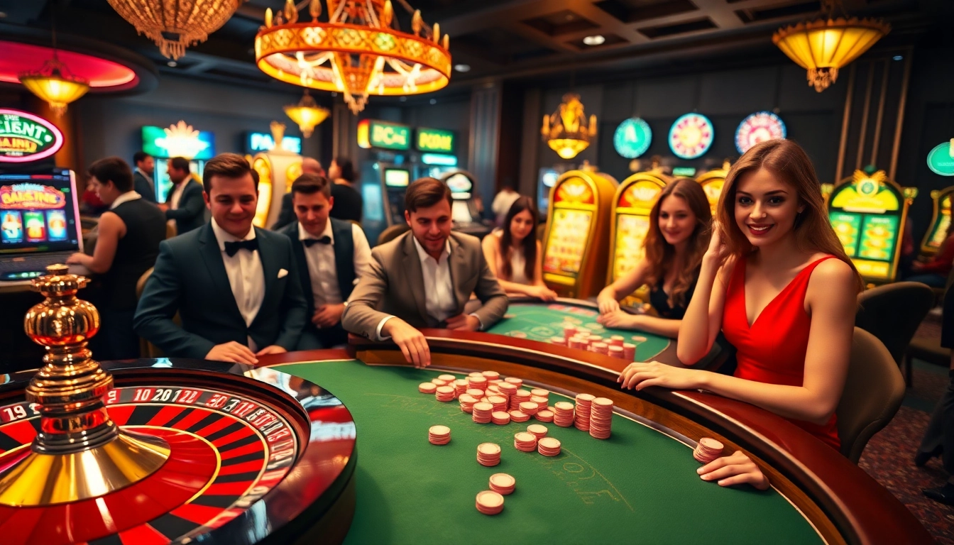 Gamblers enjoying exciting games at a vibrant casino, focused on XSMB 247 related action.