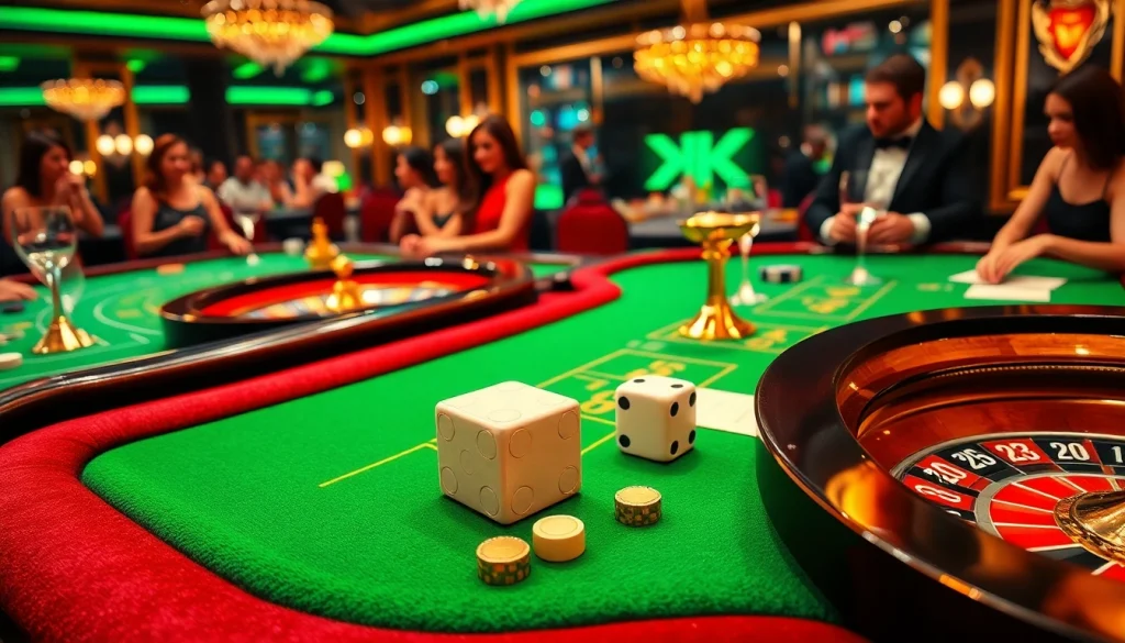 Experience thrilling high-stakes gaming at kjc com with luxurious casino tables and vibrant poker chips.