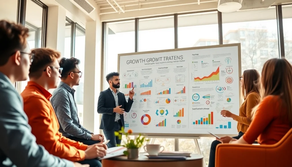 Collaboration on growth strategy trends with colorful ideas on a whiteboard.