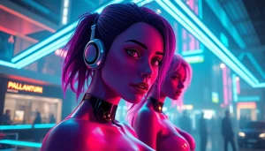 Futuristic NSFW scene featuring AI characters in an urban setting, depicting nsfw ai with vibrant colors and modern textures.