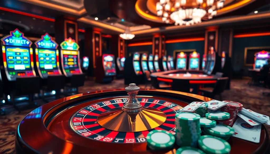 Betting slips and poker chips emphasizing debet in a luxurious casino scene.