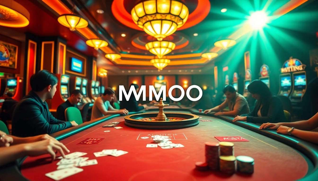 MMOO-themed poker table scene capturing gamers in action with vibrant casino elements.