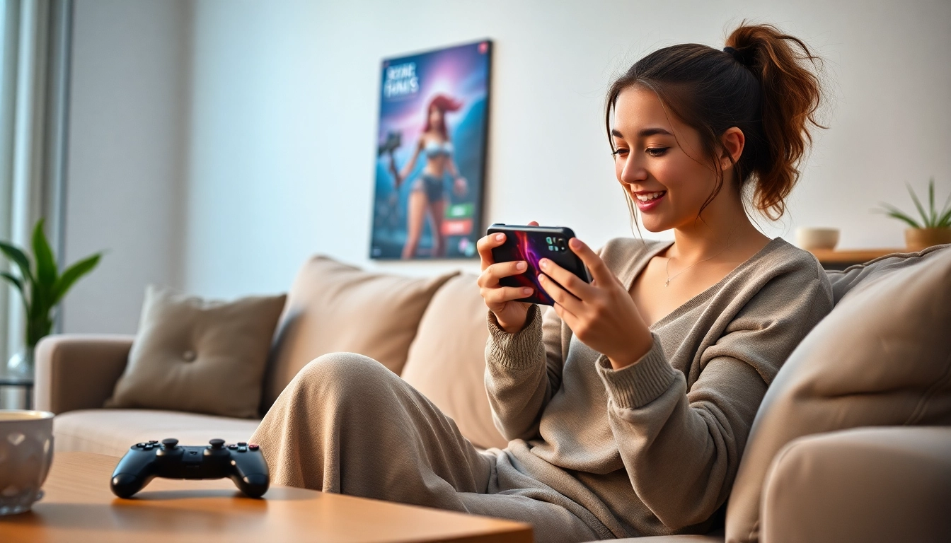 Engaging scene of a young woman playing a mobile porn game in a cozy living room.