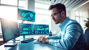 Cybersecurity AI specialist analyzing data in a modern office.