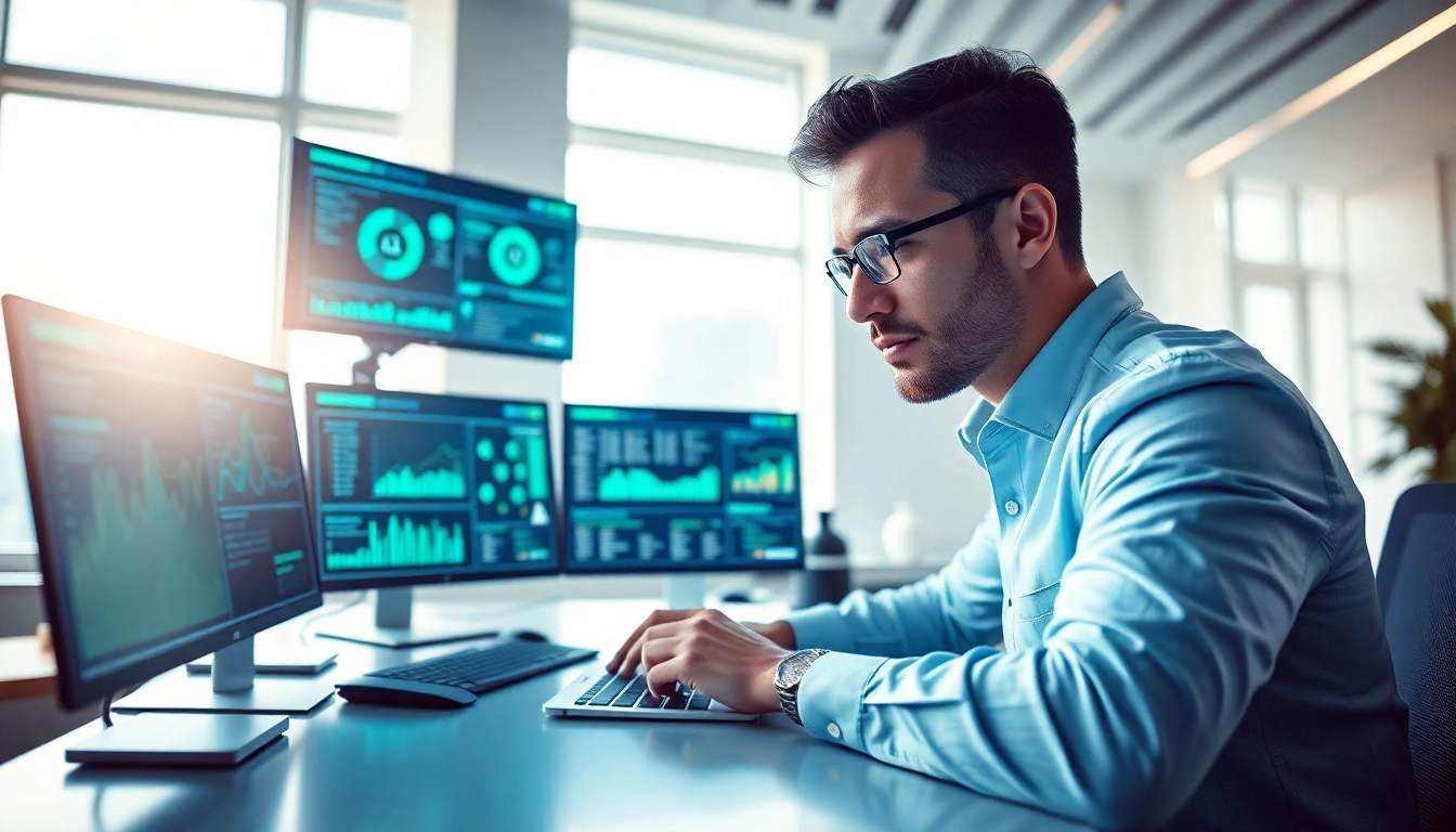 Cybersecurity AI specialist analyzing data in a modern office.