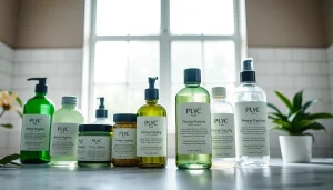 Ekologiska kosmetika produktai pristatyti šiuolaikiškame vonios interjere.